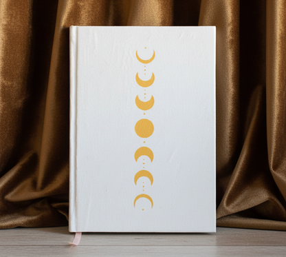 A white hardcover journal featuring a vertical sequence of yellow moon phases printed on the cover, resting on a light wood surface.