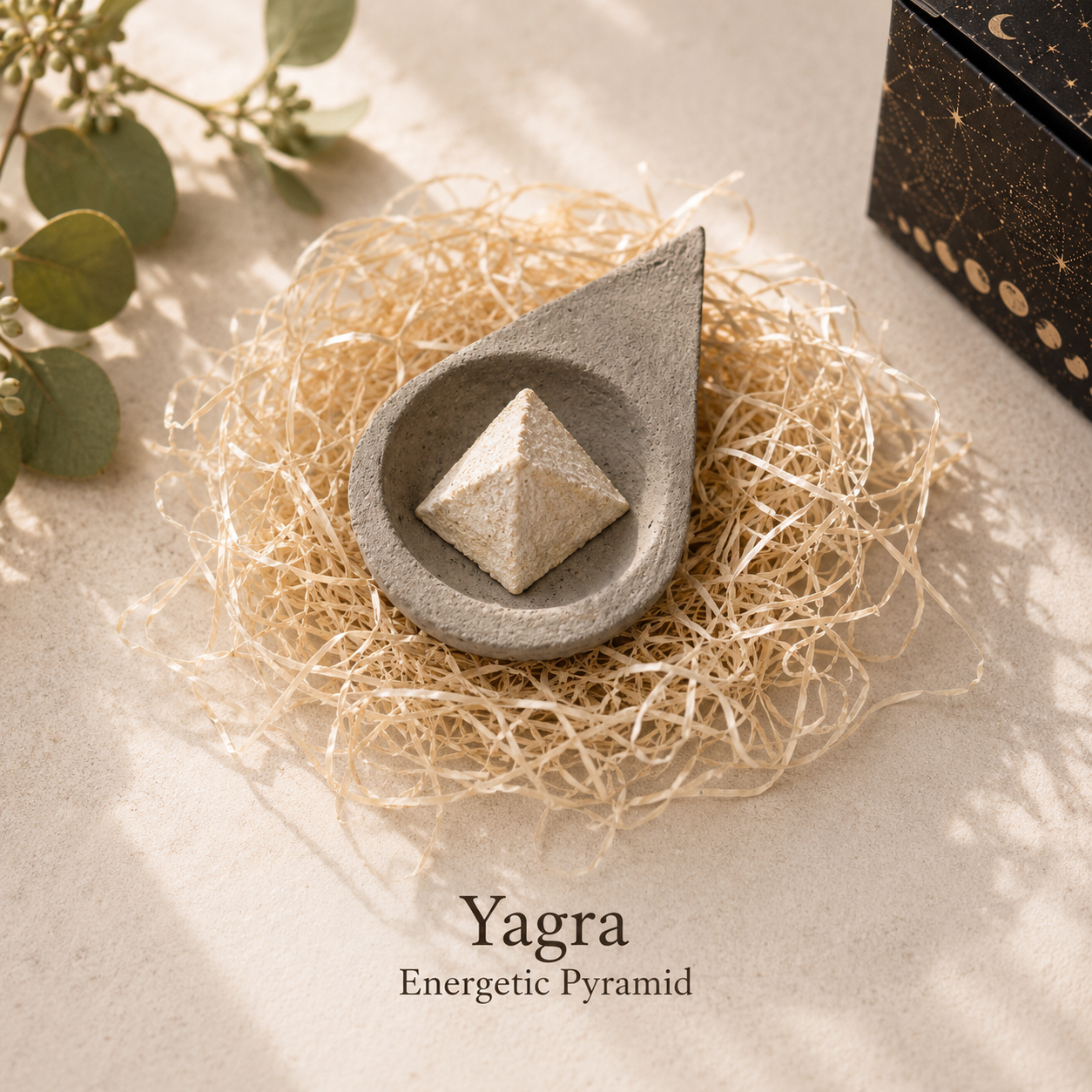 A teardrop-shaped gray stone holder containing a small beige yagara crystal pyramid, styled on a bed of natural jute fiber with eucalyptus leaves and a dark decorative box in the background. Text at the bottom reads 'Yagra Energetic Pyramid'.