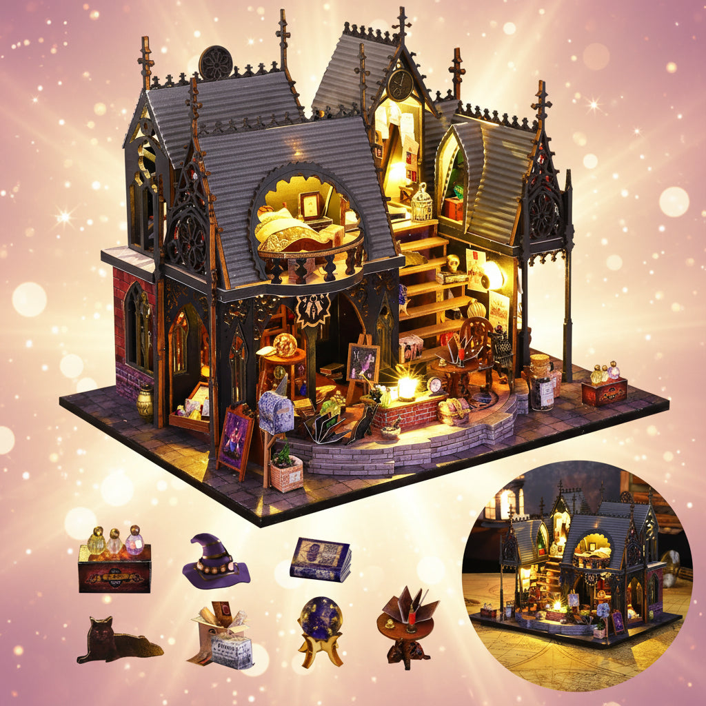 Gothic-style dollhouse with interior details and accessories on a white background