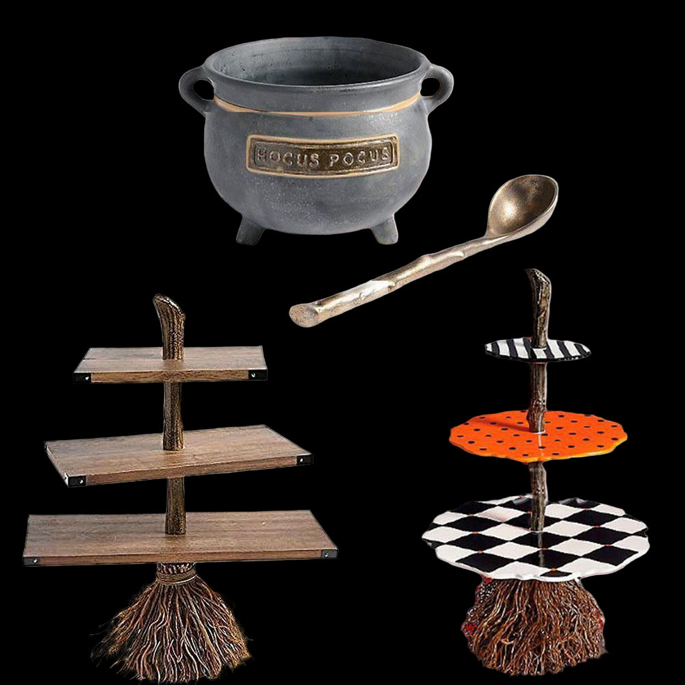Halloween-themed items including a cauldron, spoon, tiered stand, and broom on a white background.