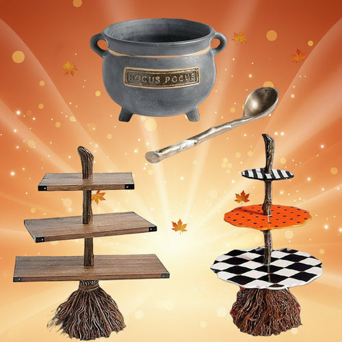 Halloween-themed items including a cauldron, spoon, tiered stand, and broom on a white background.
