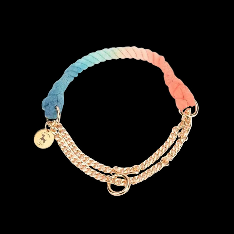 Multicolored braided bracelet with gold chain and gold tag on a white background