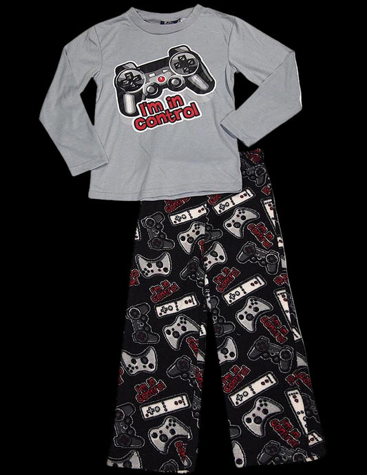Children's pajama set with gray long-sleeve top and black pants with game controller pattern on a white background.