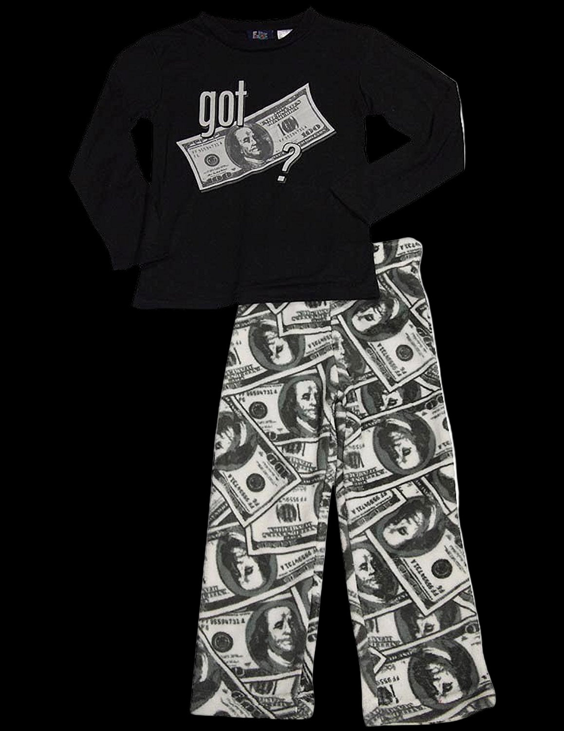 Black long-sleeve top and wide-leg pants with dollar bill pattern on a white background