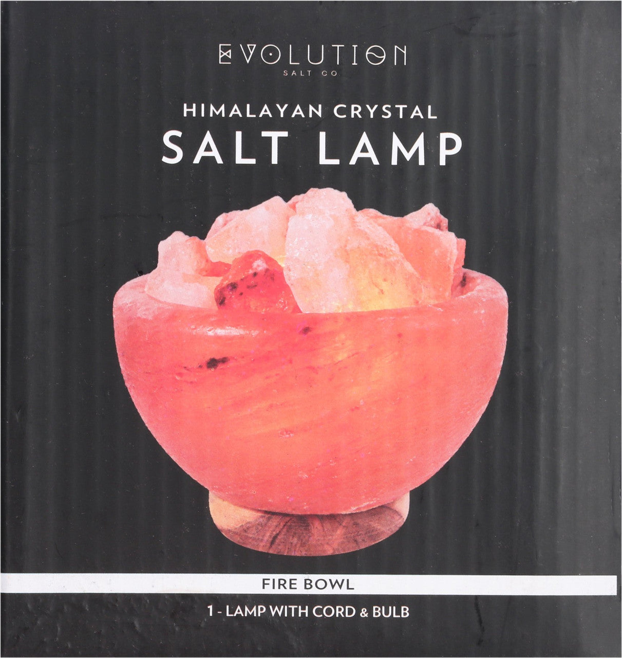 Himalayan crystal salt lamp with 'Evolution Salt Co' branding on a dark background