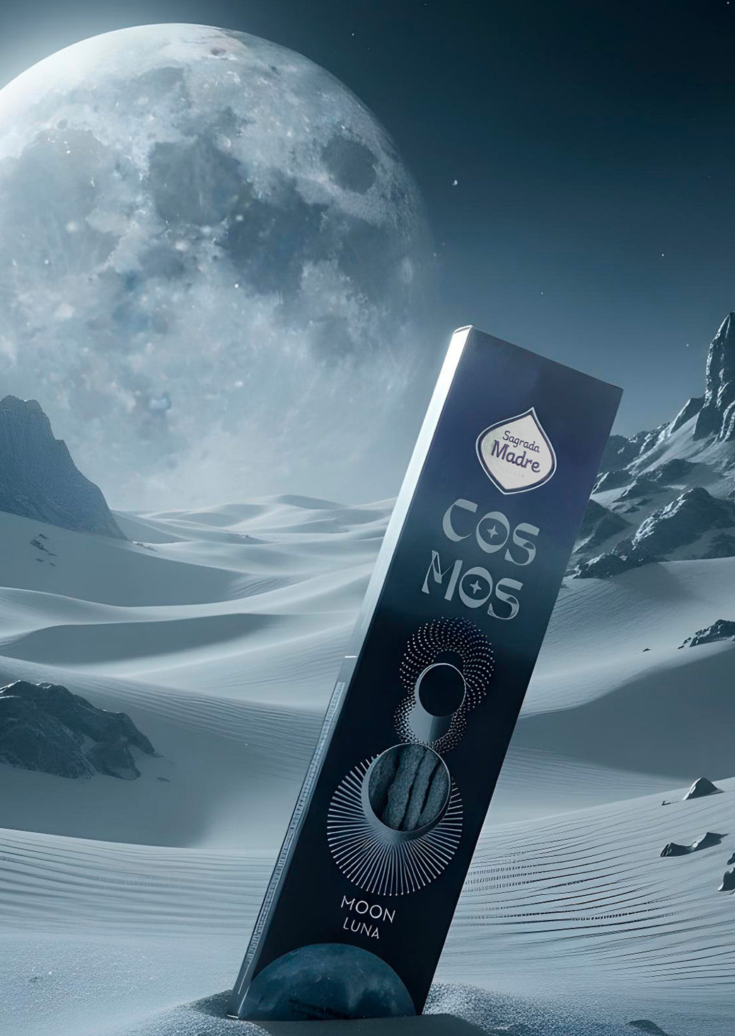 A tall, narrow dark product box labeled 'COS NOS' and 'MOON LUNA' stands upright in a snowy desert landscape with a large moon and mountains in the background.