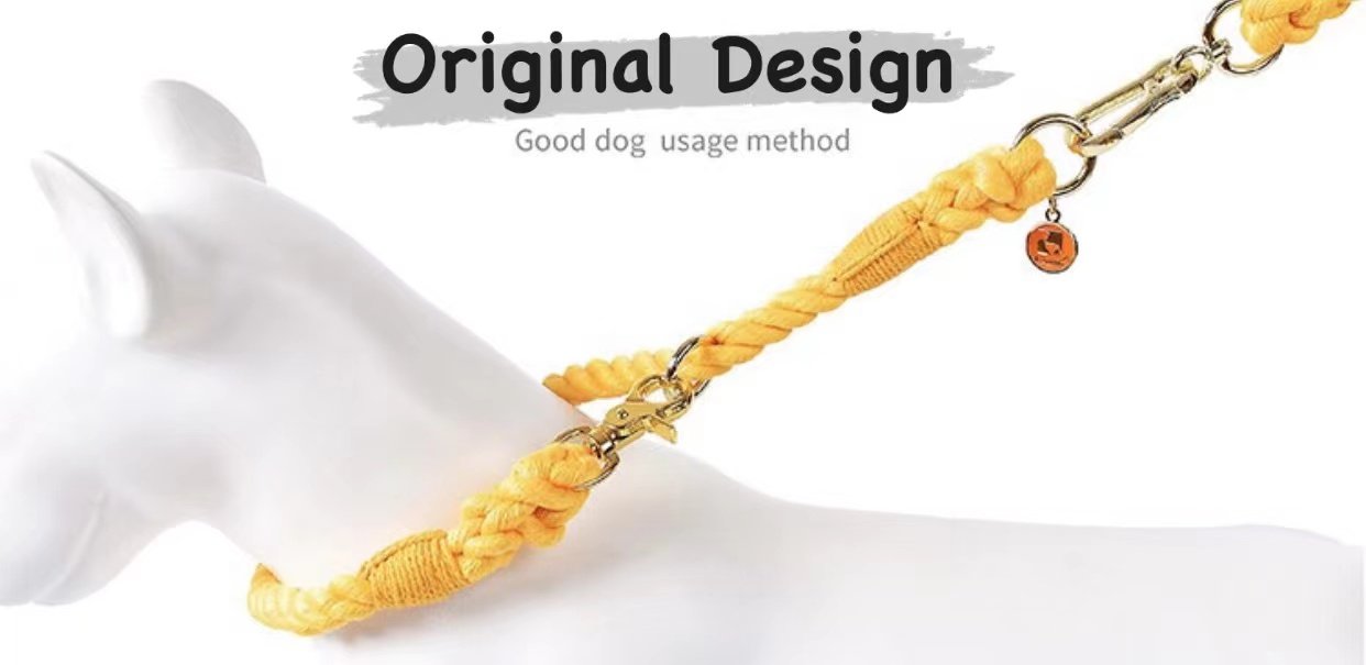 Yellow dog leash on a white mannequin with text 'Original Design' and 'Good dog usage method'.