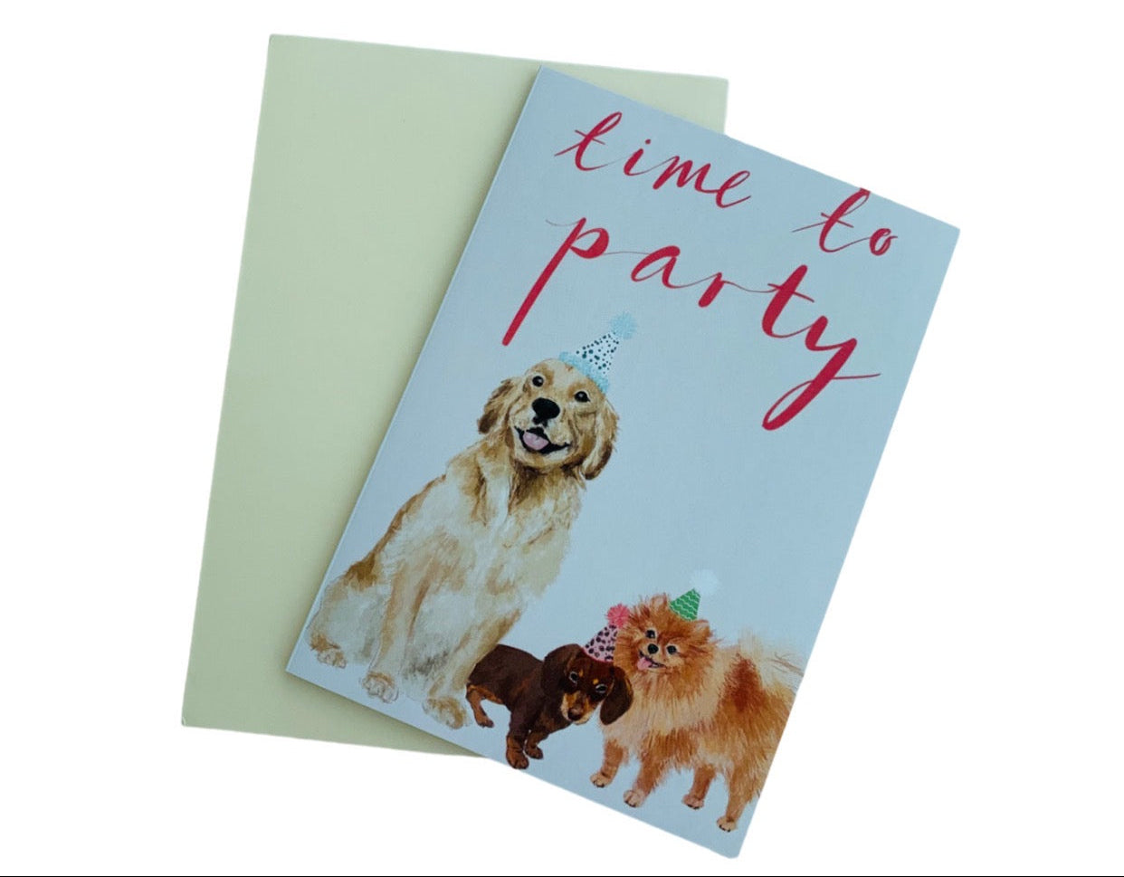 Card with dogs and 'time to party' text, featuring Pawsome Pets New York branding.