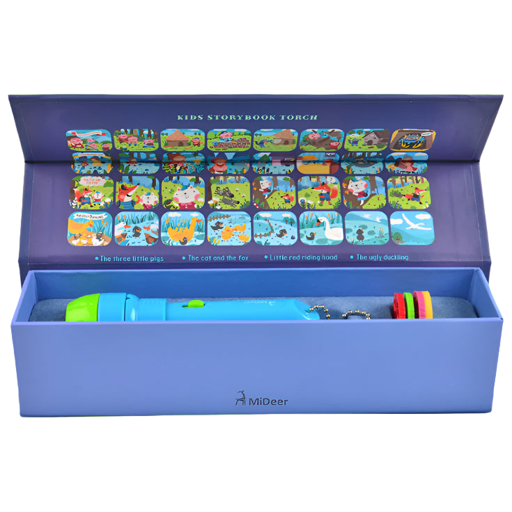 Blue kids storybook torch with colorful illustrations on a white background