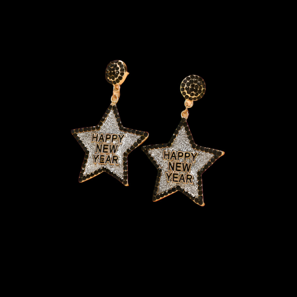 Star-shaped earrings with 'Happy New Year' text on a beige background