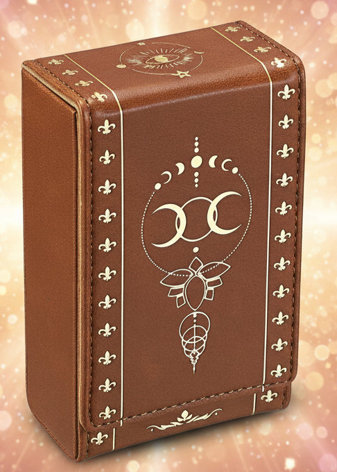 Brown leather box with gold embossed designs on a white background