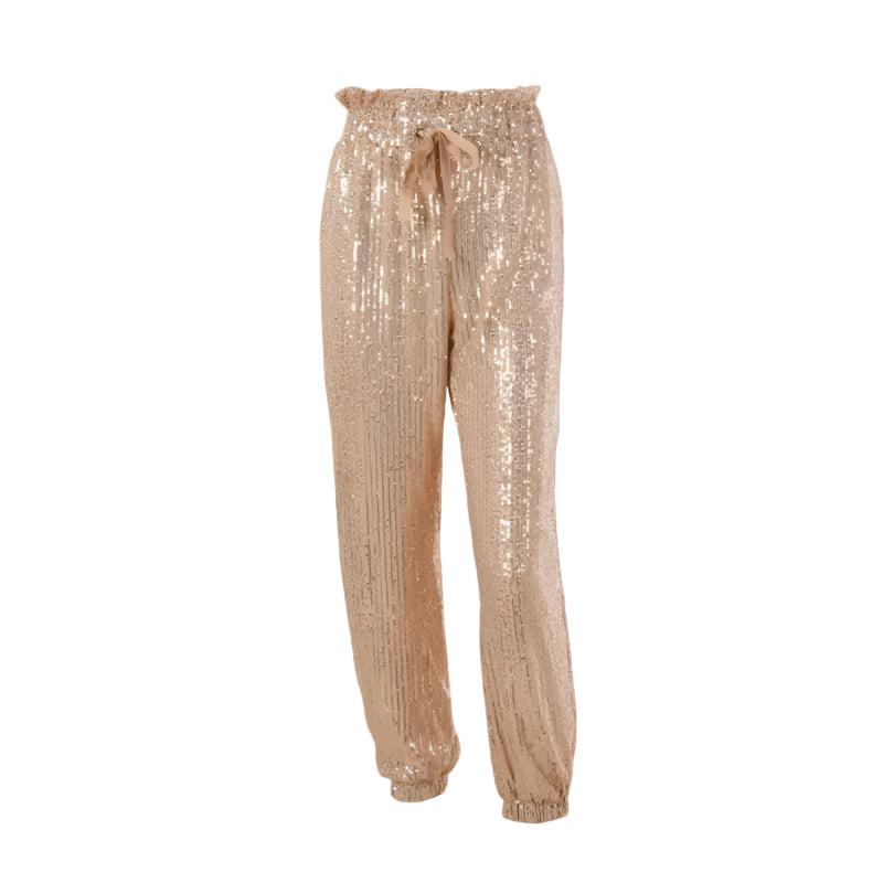 Gold sequin pants on a white background