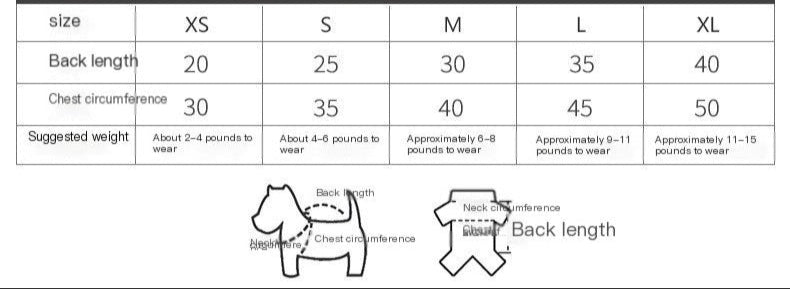 Pet clothing size chart with fabric, pattern, and measurement details.
