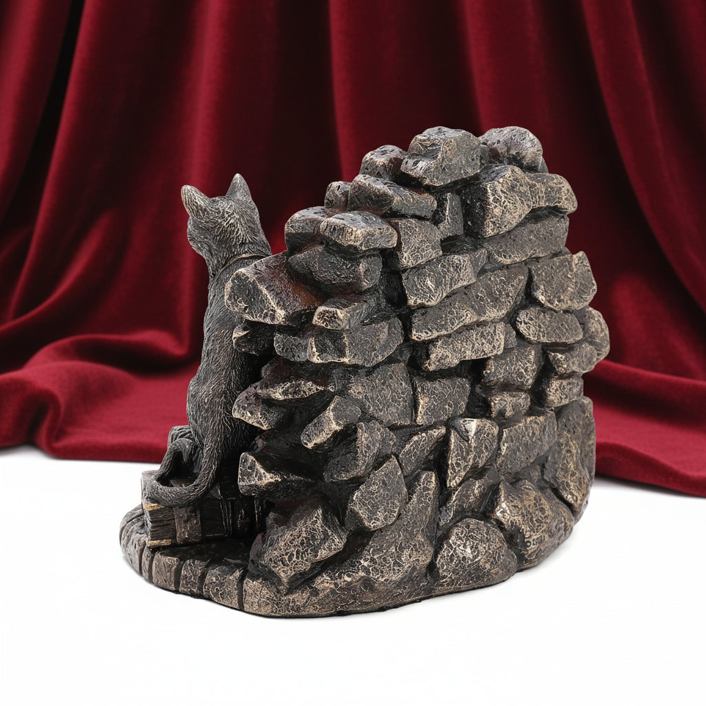 A decorative figurine of a black cat sitting on a rustic stone wall, crafted with a textured metallic bronze finish, set against a plain white background.