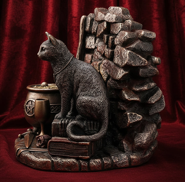 A gothic-style metal figurine of a black cat sitting on a book next to a cauldron and dagger, set against a textured stone wall backdrop, on a white background.