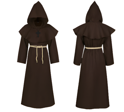 Brown monk robe with hood and cross on a white background