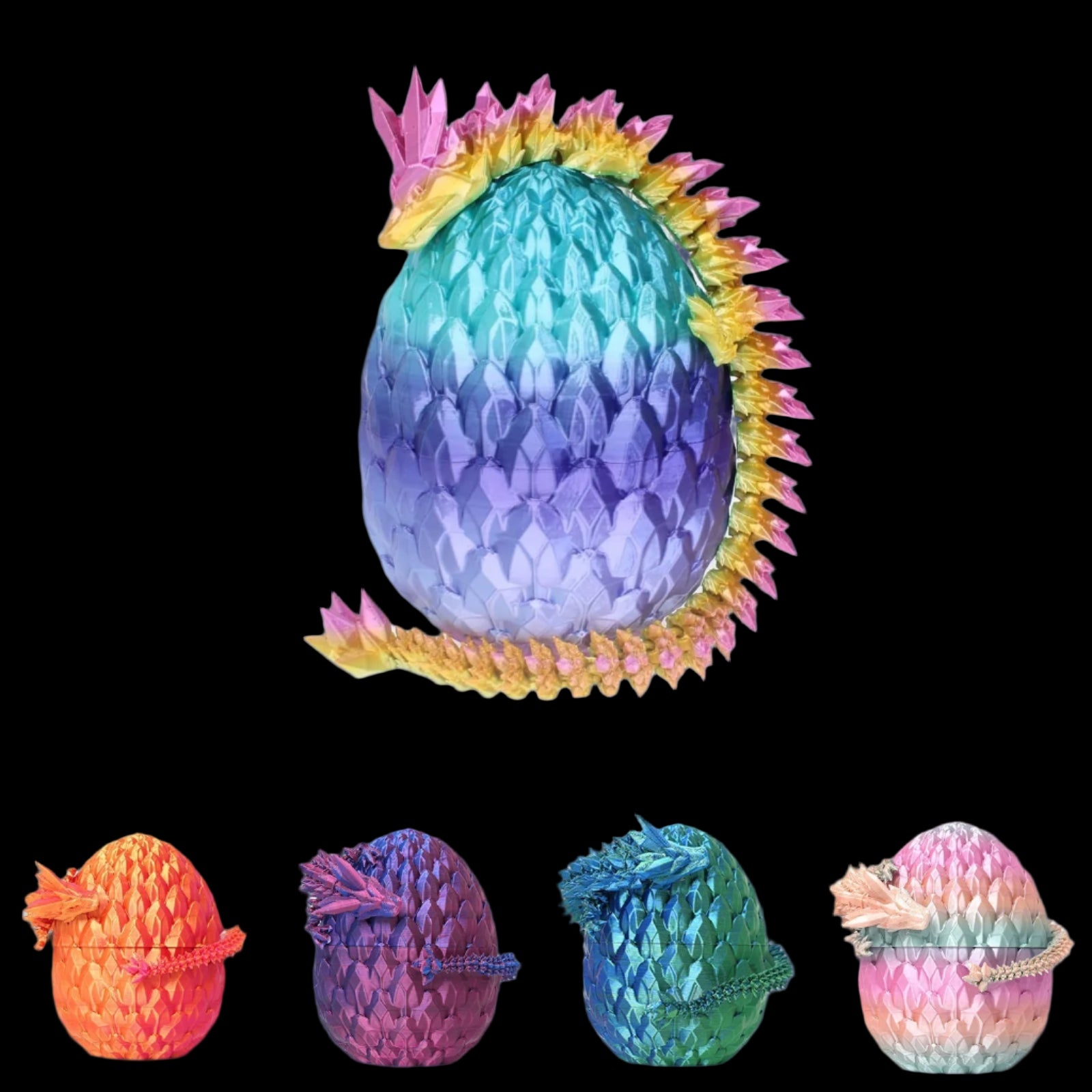 Colorful dragon egg toys with decorative spikes on a white background
