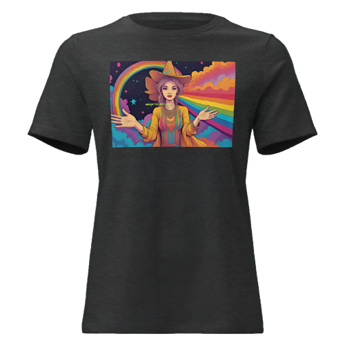 Black t-shirt with a colorful graphic of a woman with a rainbow and triangle on a white background