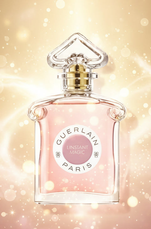 Guerlain perfume bottle with pink liquid on a white background