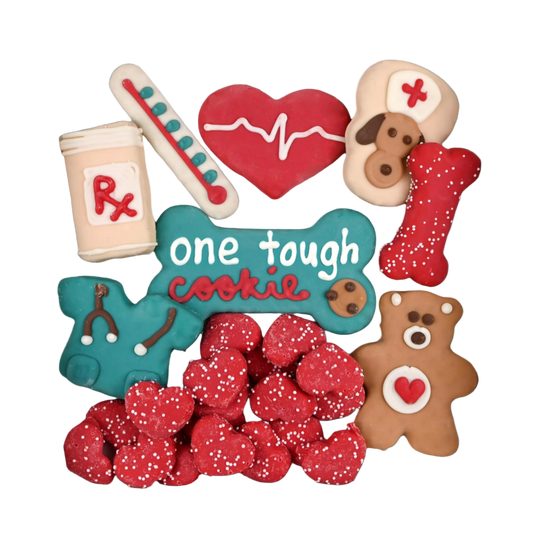 Collection of decorated cookies shaped like medical-themed items in a box.