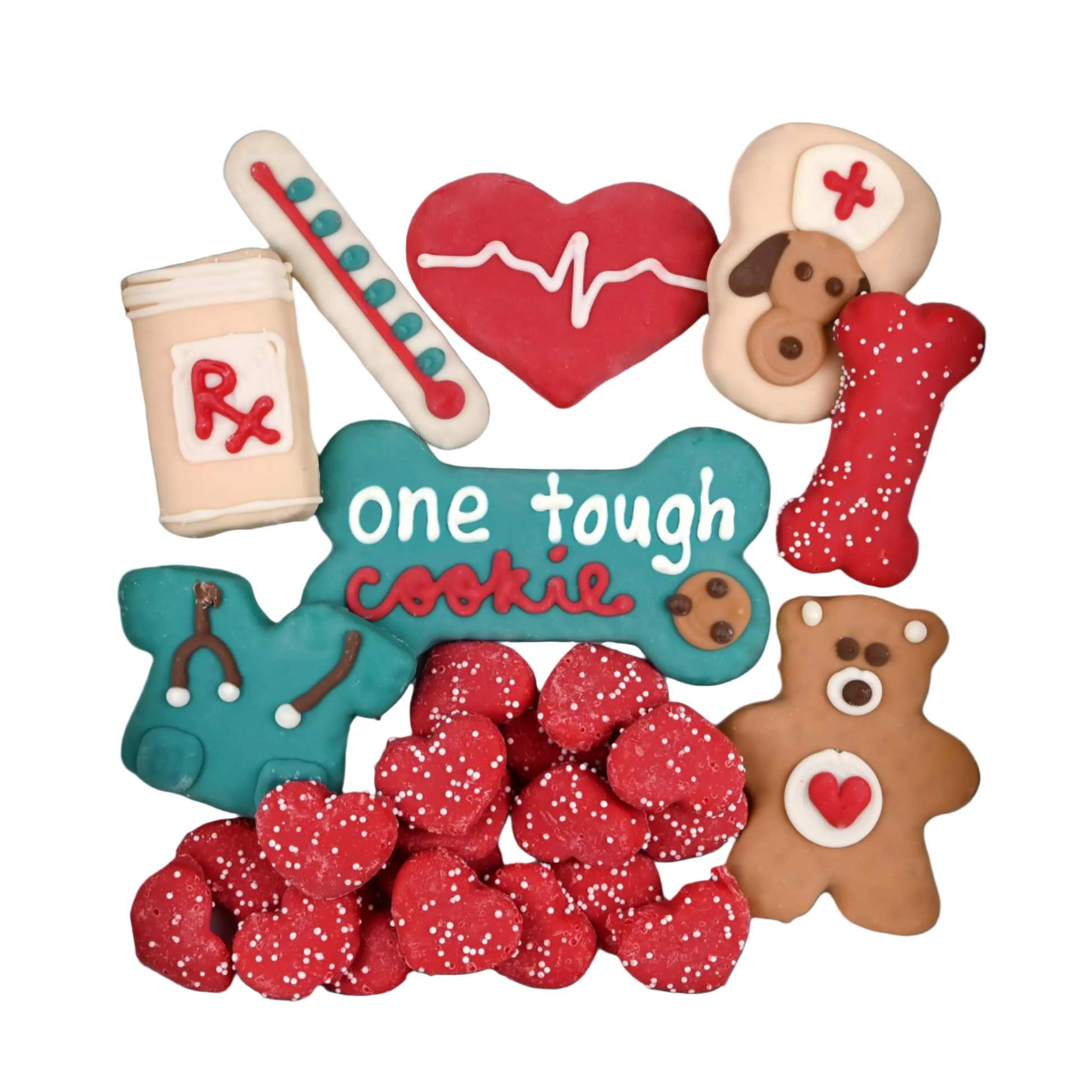 Collection of decorated cookies shaped like medical-themed items in a box.