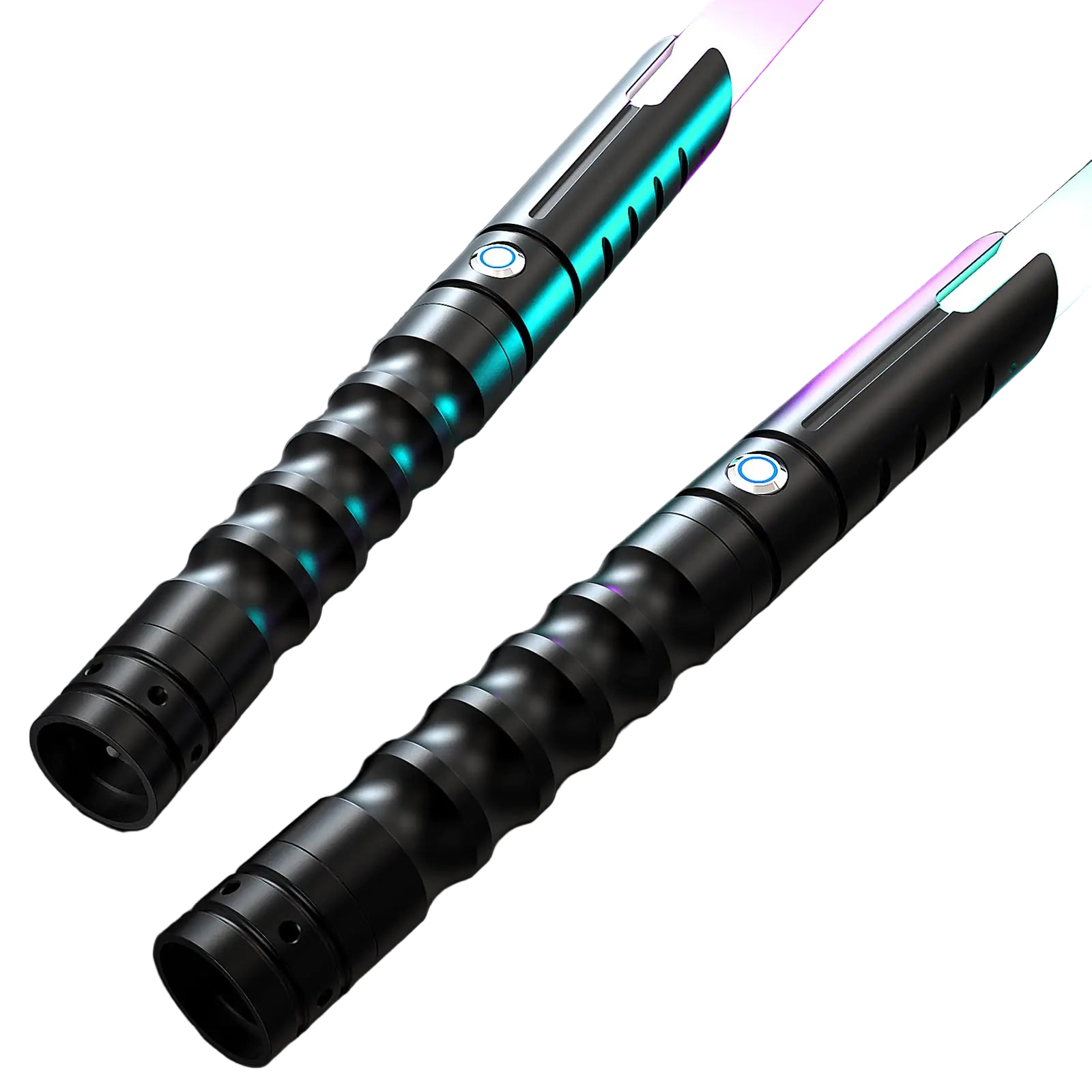 Two lightsabers with a dark background