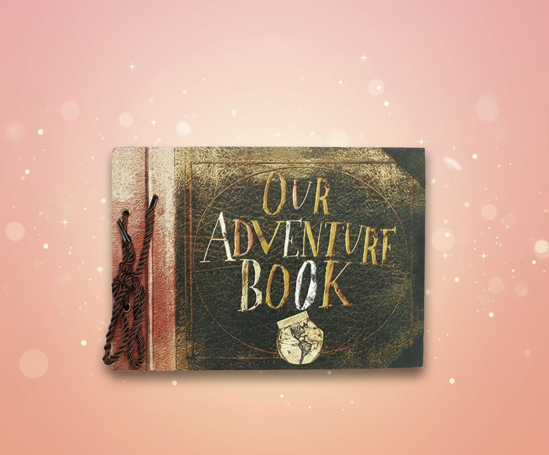 Book cover with 'Our Adventure Book' text and world map emblem