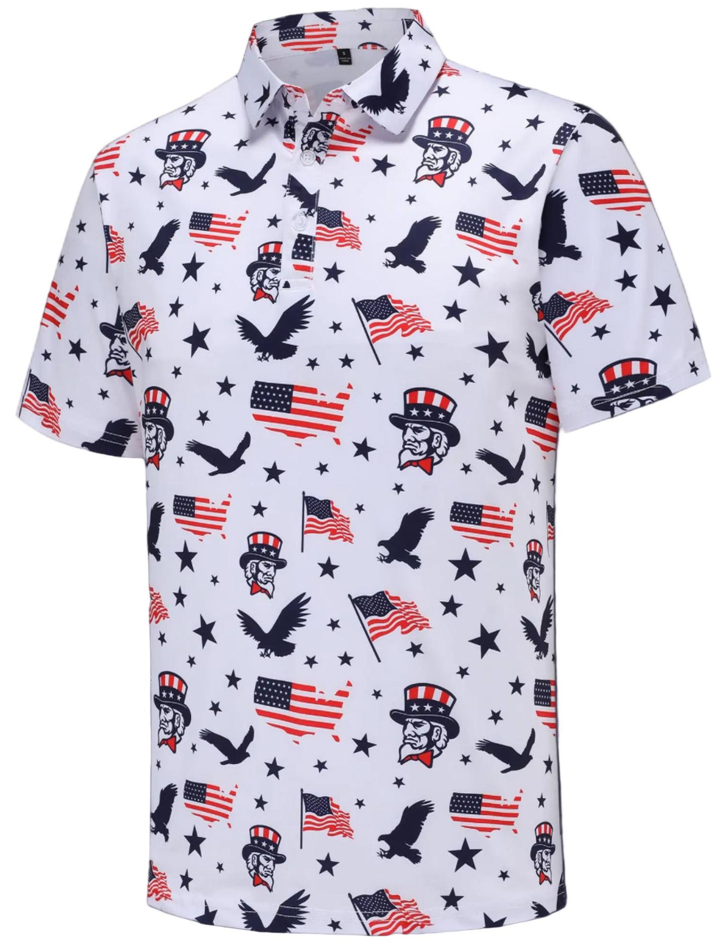 Short-sleeve shirt with American flag and eagle pattern on a white background