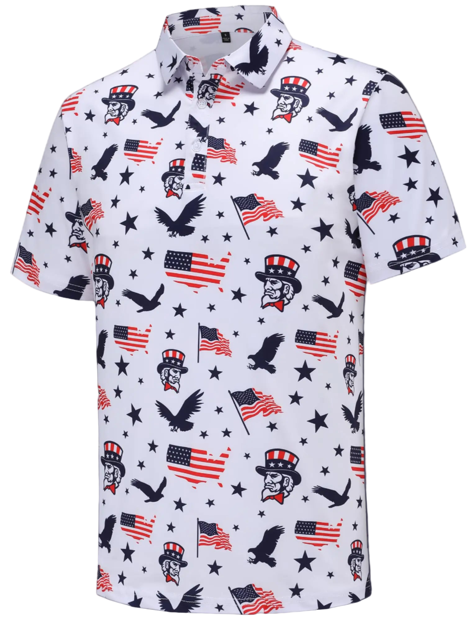 Short-sleeve shirt with American flag and eagle pattern on a white background