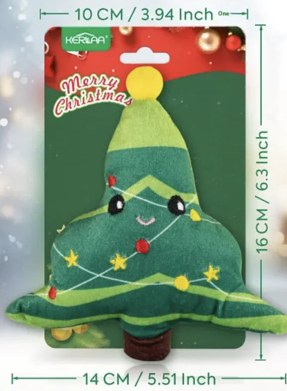 Green Christmas tree-shaped cat toy with measurements on a festive background