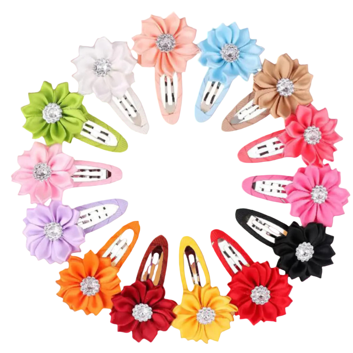Set of colorful flower-shaped hair clips with rhinestones on a white background