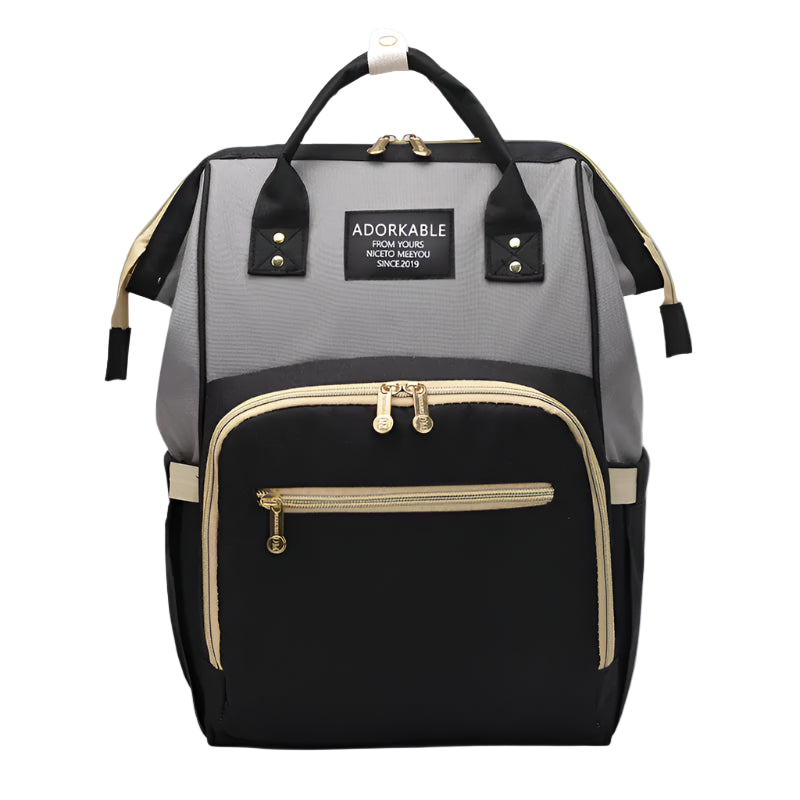 Black and gray backpack with gold accents on a white background
