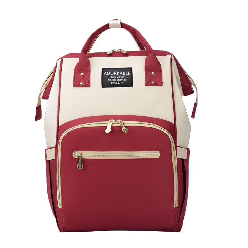 Red and beige backpack with 'Adorkable' brand label on a white background