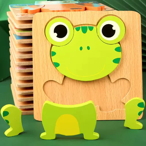 Wooden frog puzzle toy with green frog figure on a green background