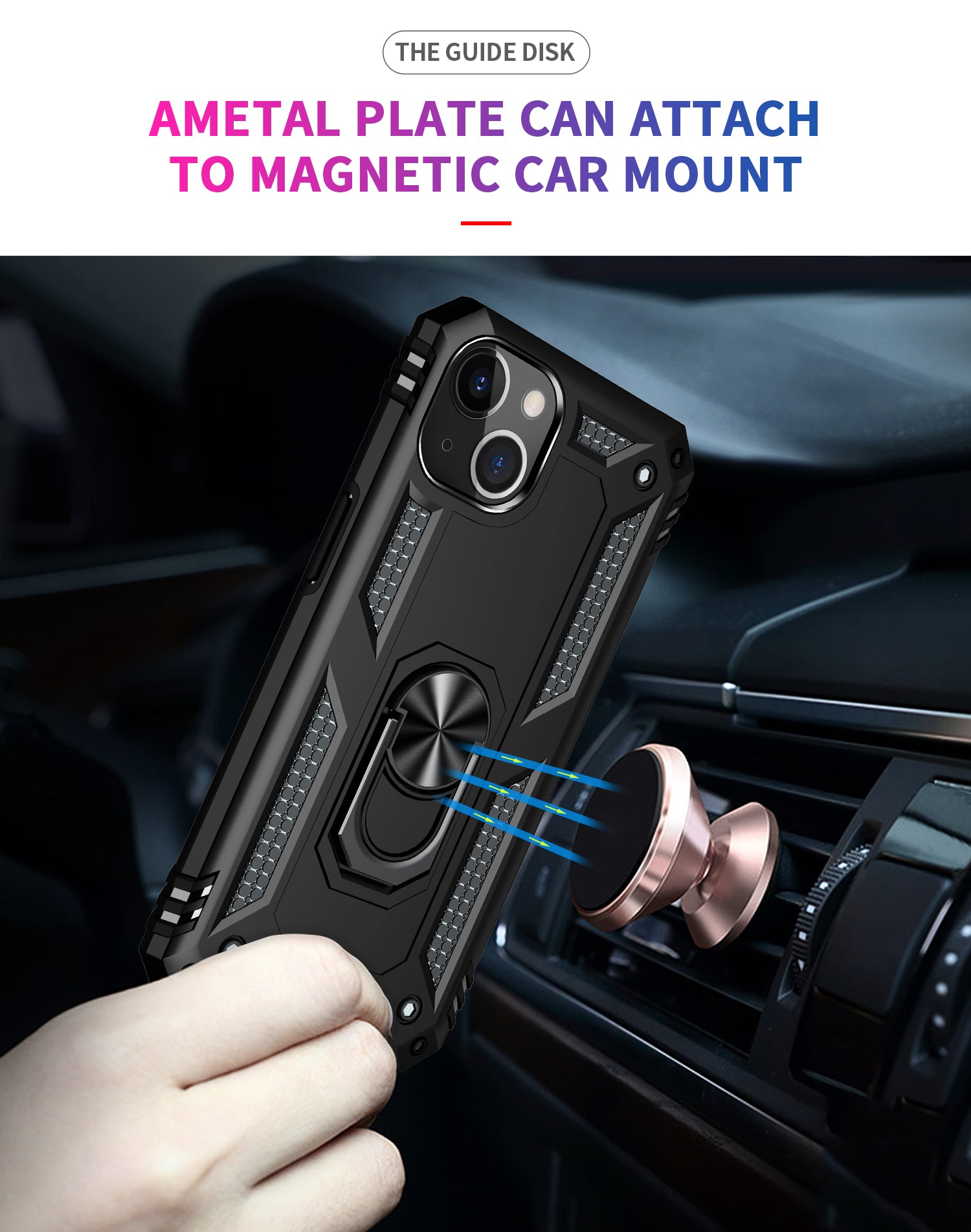 Phone case with magnetic car mount attachment in a car interior