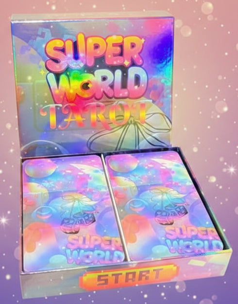 Colorful packaging with 'Super World Tour' text on a white background
