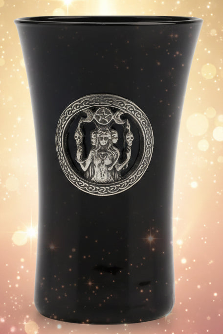 Black tumbler with silver emblem on a white background