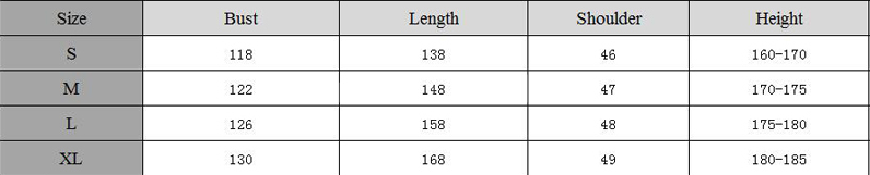Table displaying clothing measurements with size, bust, length, shoulder, and height columns.