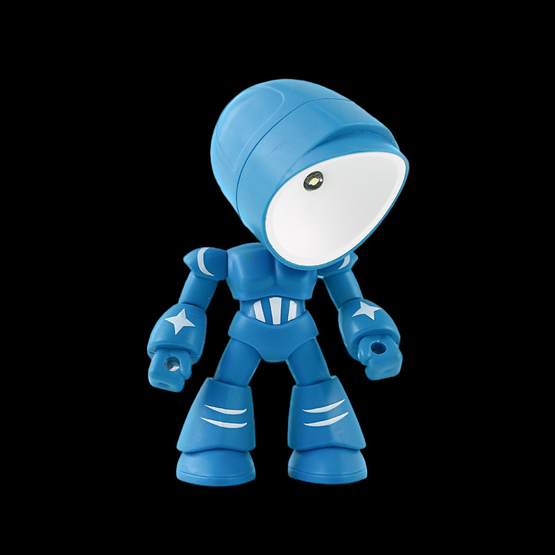 Blue robot toy with white accents on a light blue background