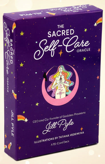 Purple packaging of 'The Sacred Self-Care Oracle' with illustrations and text.