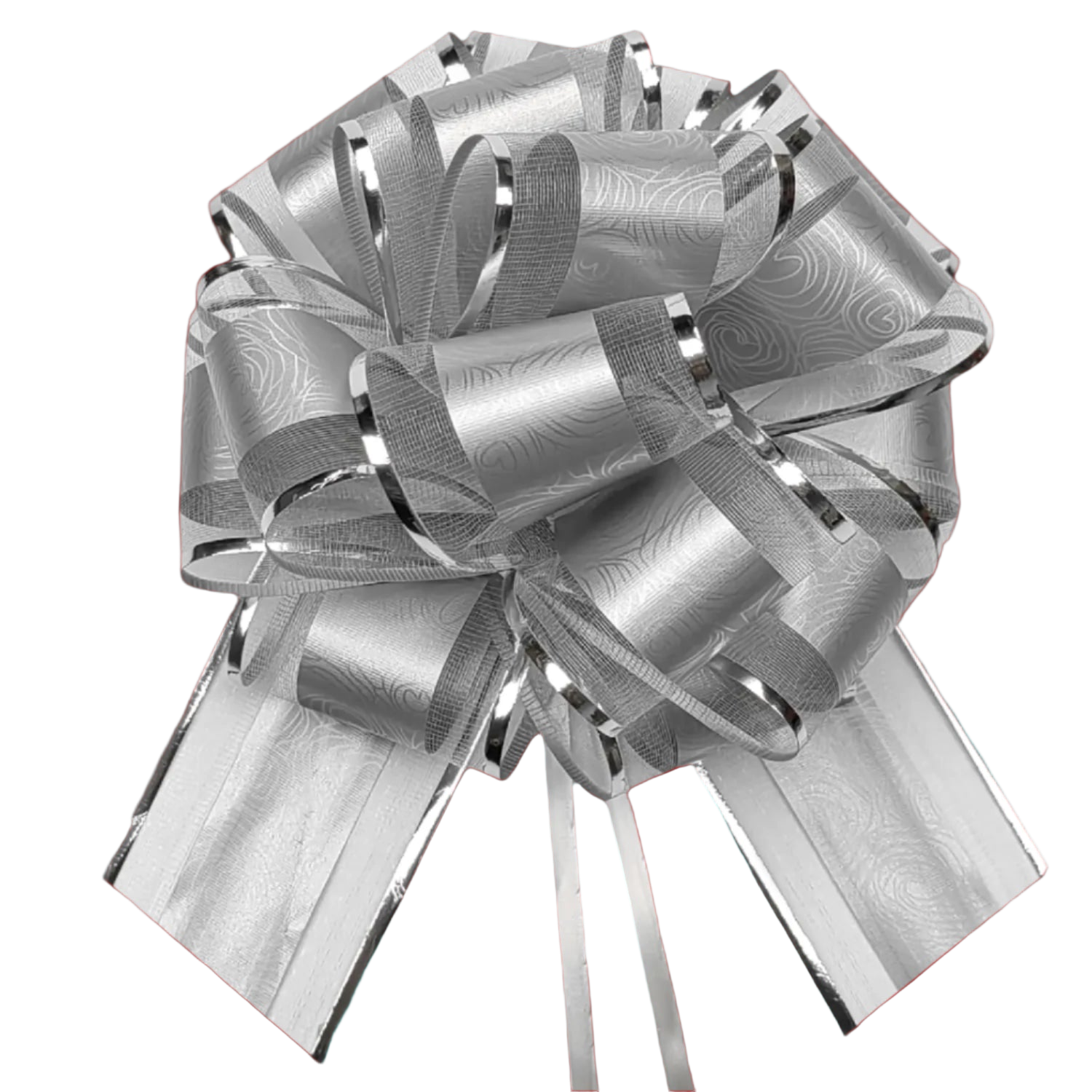 Silver decorative bow with intricate patterns on a white background
