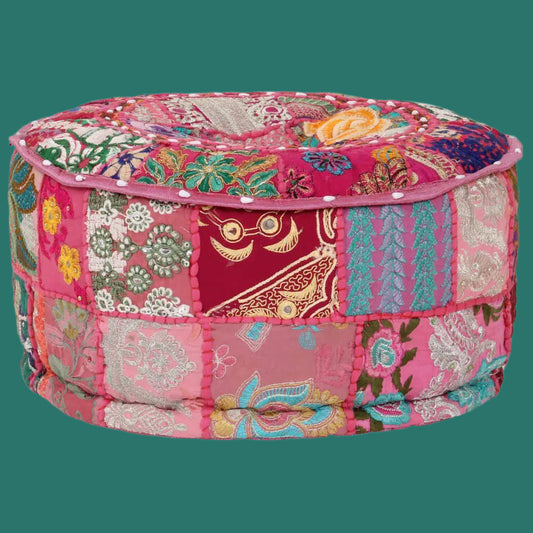 Multicolored patchwork ottoman on a white background