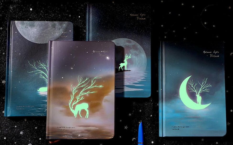 Glowing notebooks with celestial designs on a starry night background