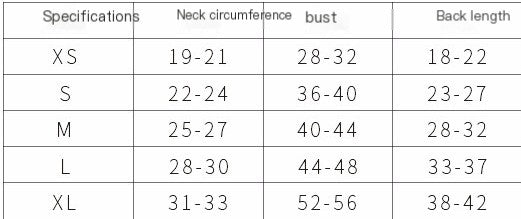 Table displaying clothing size chart with neck circumference, bust, and back length measurements.