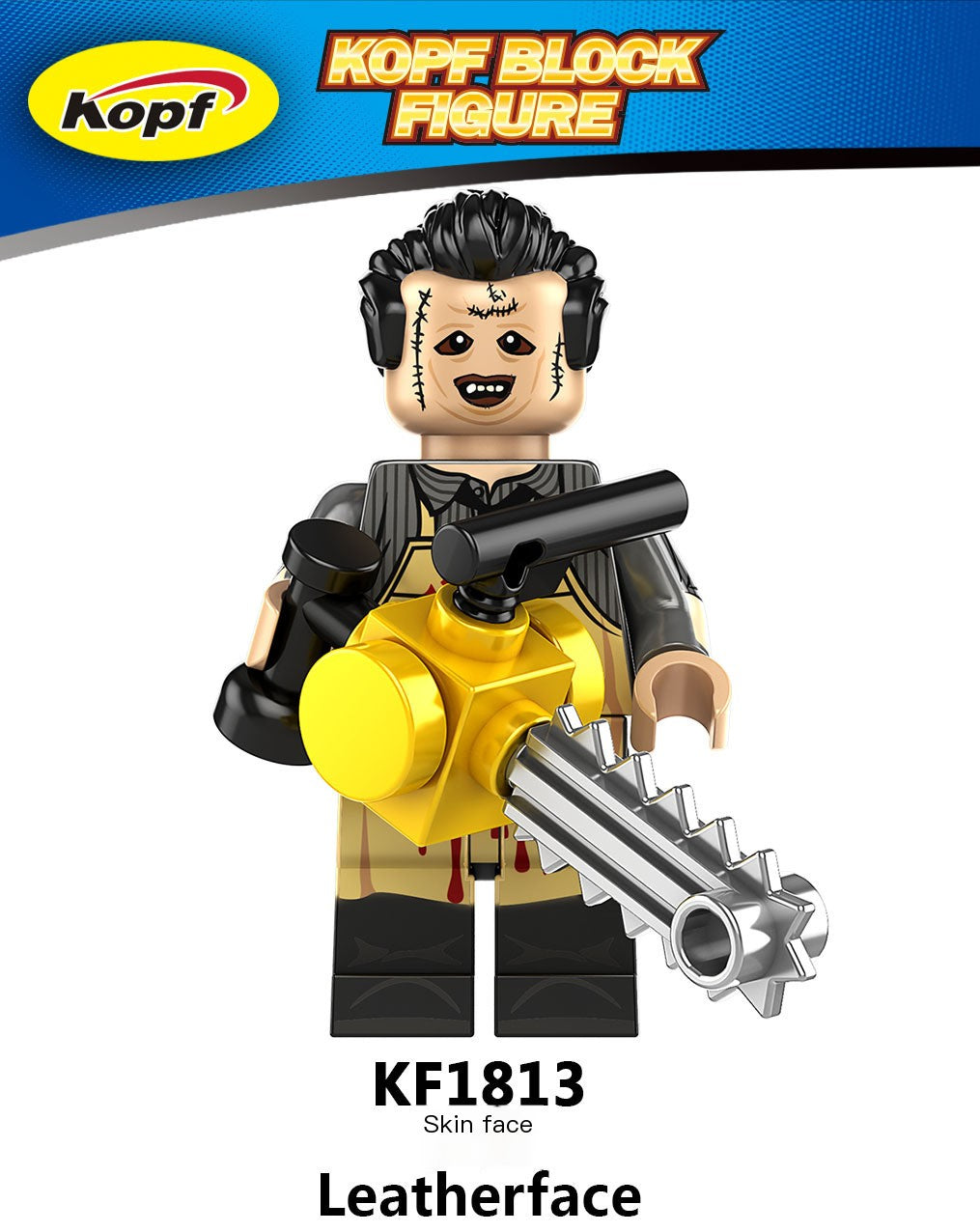 LEGO figure of Leatherface with a chainsaw, wearing headphones, on a white background with Kopf branding.