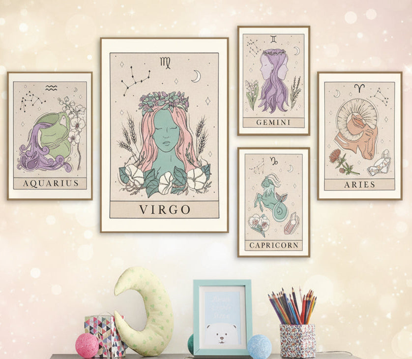 Set of astrological posters on a wall with a shelf below displaying stationery items.