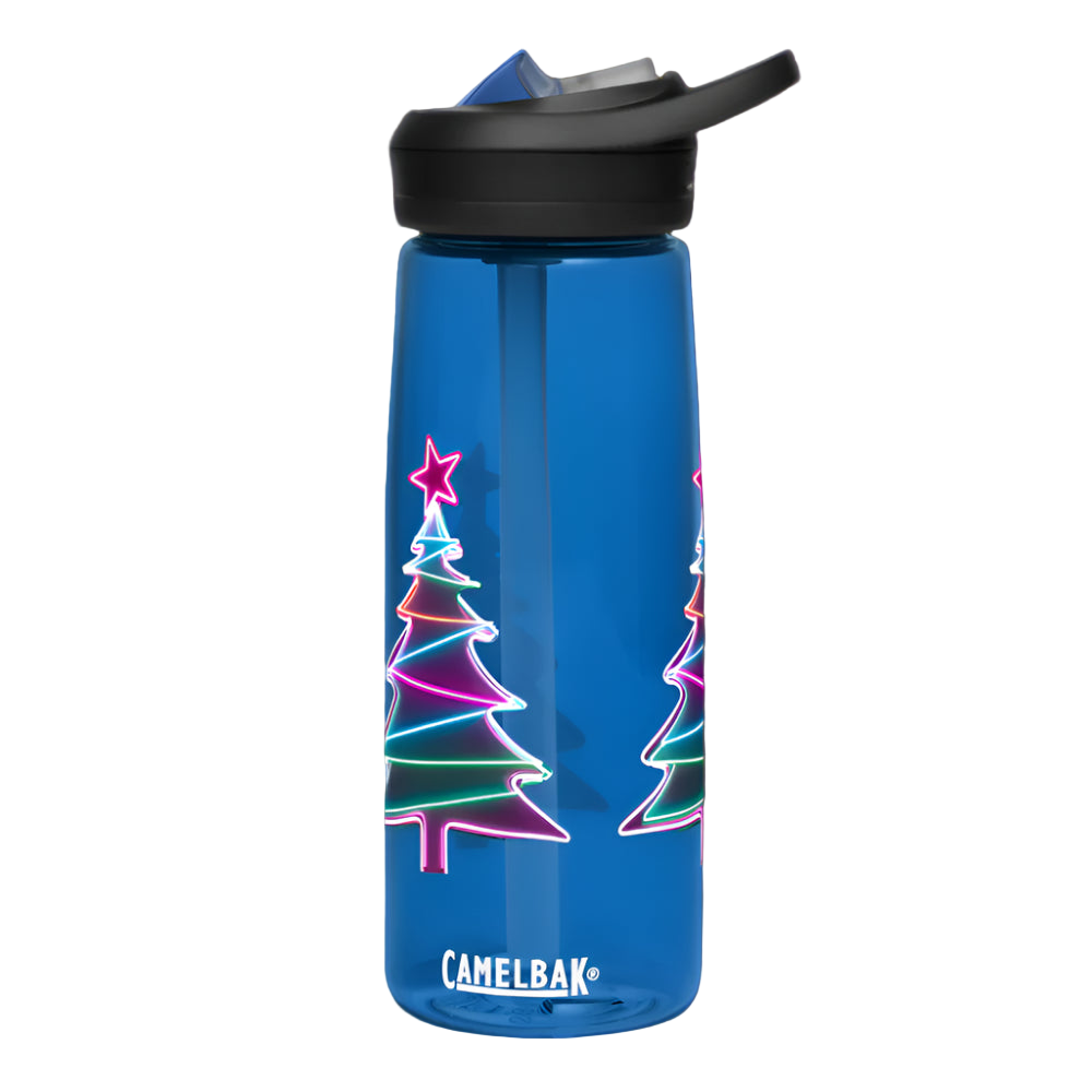 Blue CamelBak water bottle with Christmas tree design on a white background