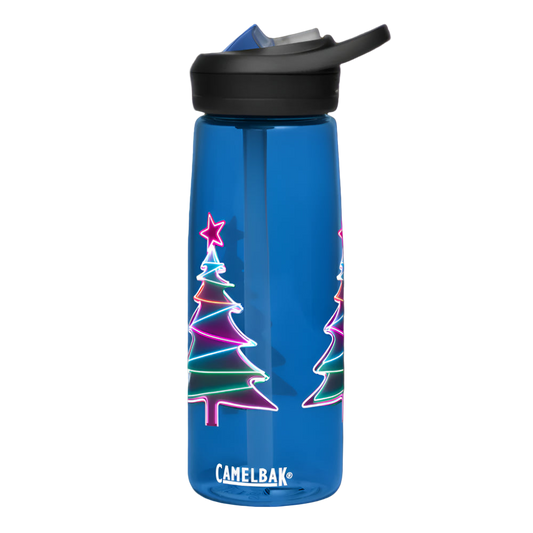 Blue CamelBak water bottle with Christmas tree design on a white background