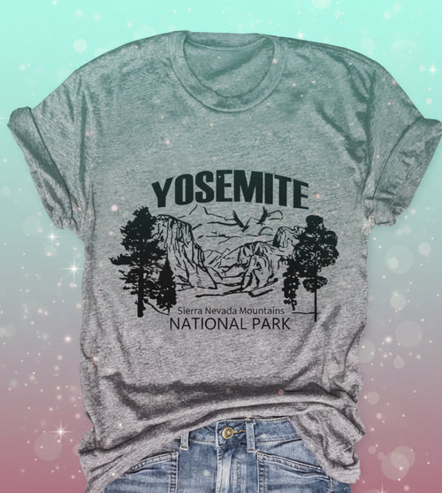 Gray t-shirt with Yosemite National Park graphic on a white background