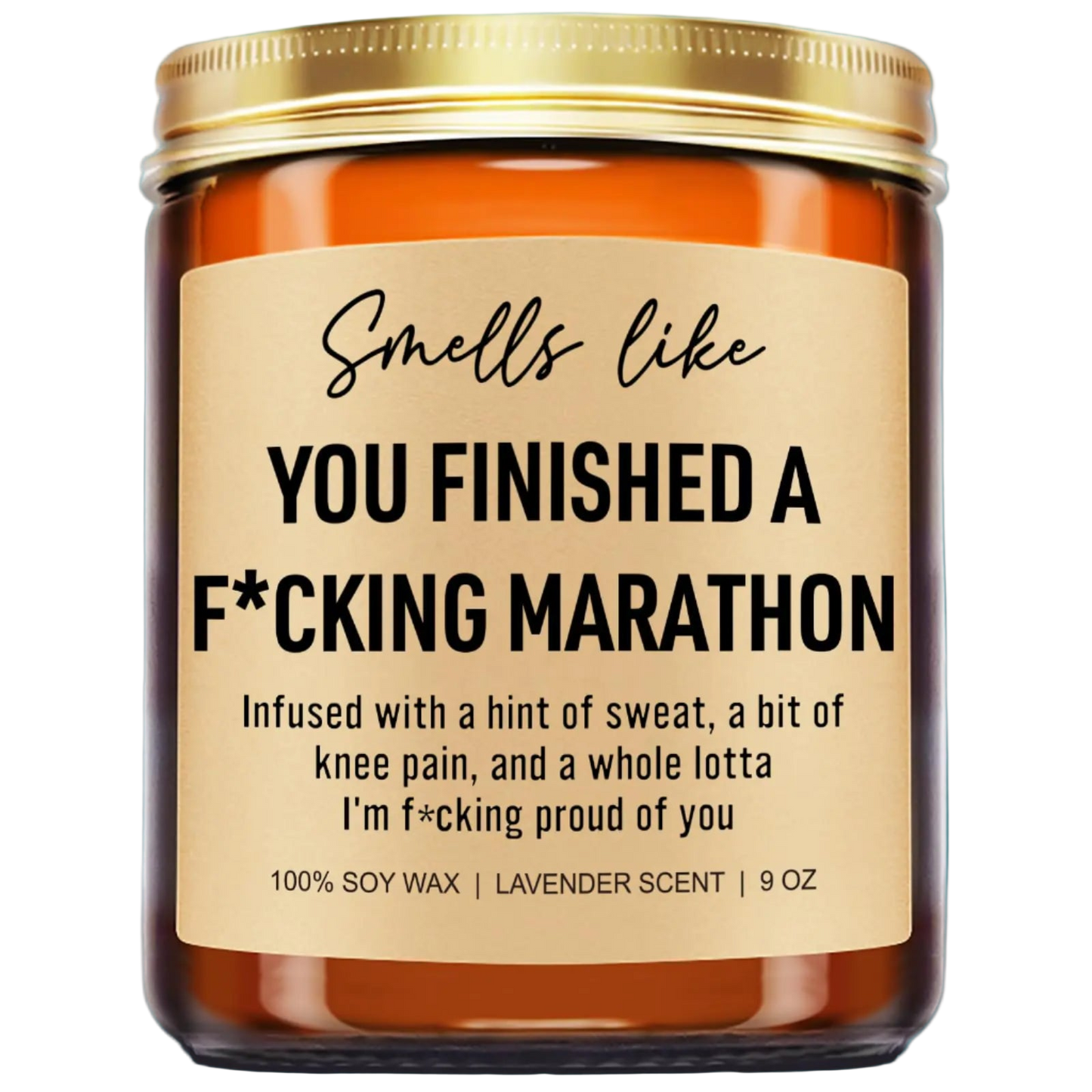 Candle jar with humorous label on a white background